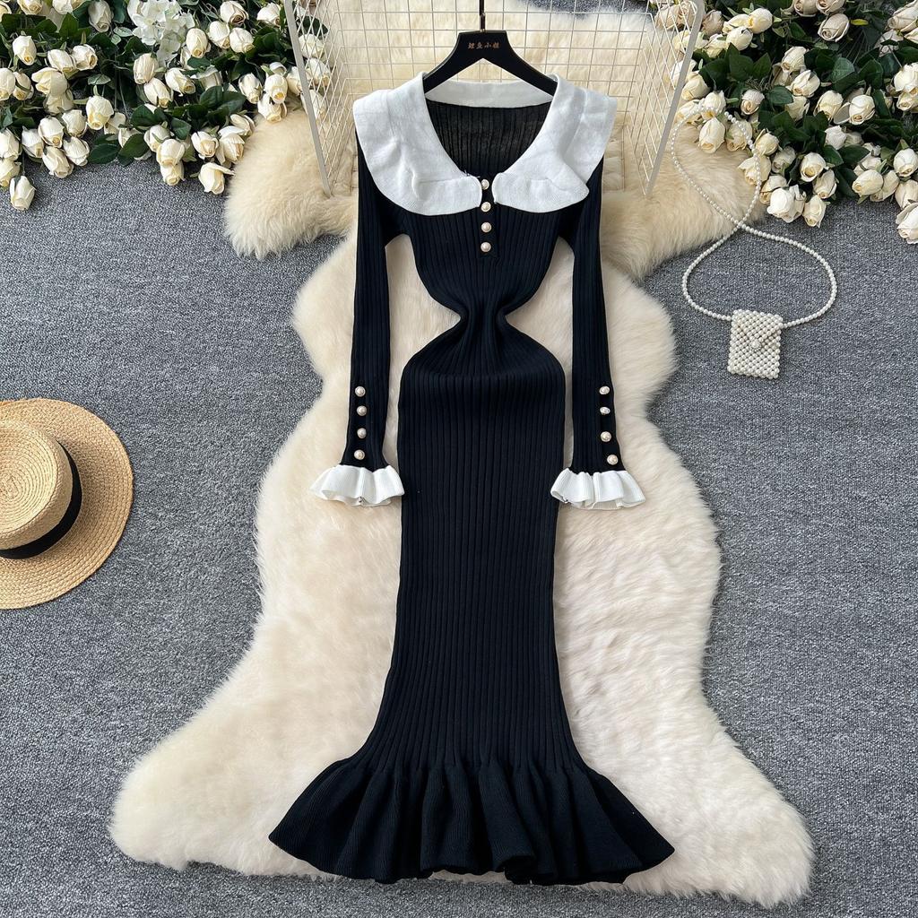 Knitted Dress Women's Autumn and Winter French Retro Color Collision Doll Collar Single-breasted Waist Slim Fishtail Long Dress