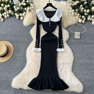 Strickkleid Damen Herbst und Winter Französisches Retro-Farbkollisions-Puppenkragen Einreihige Taille Schlankes Fischschwanz-langes Kleid