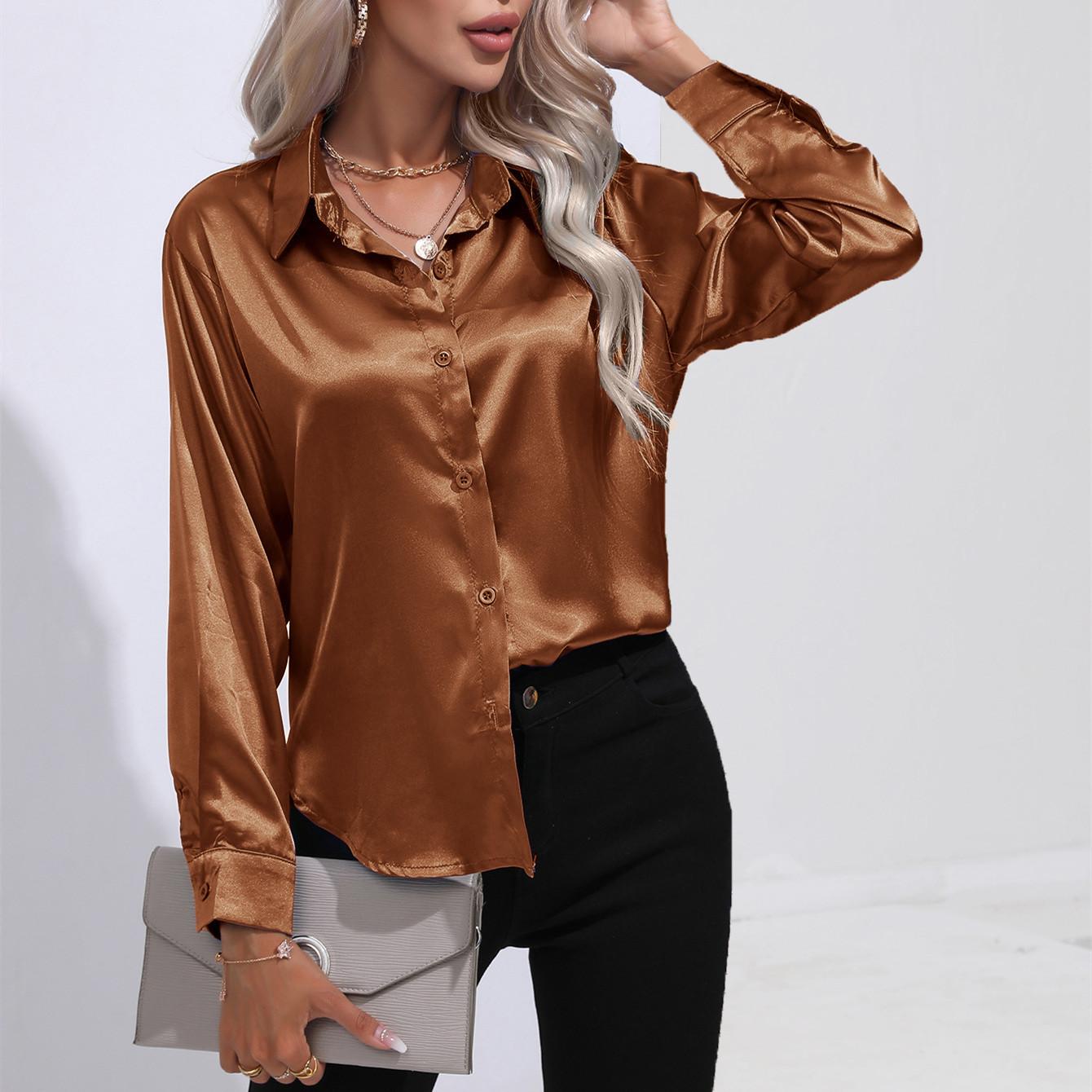 

GMXIA Женские модные повседневные однотонные блузки и рубашки-поло с длинным рукавом с принтом S коричневый