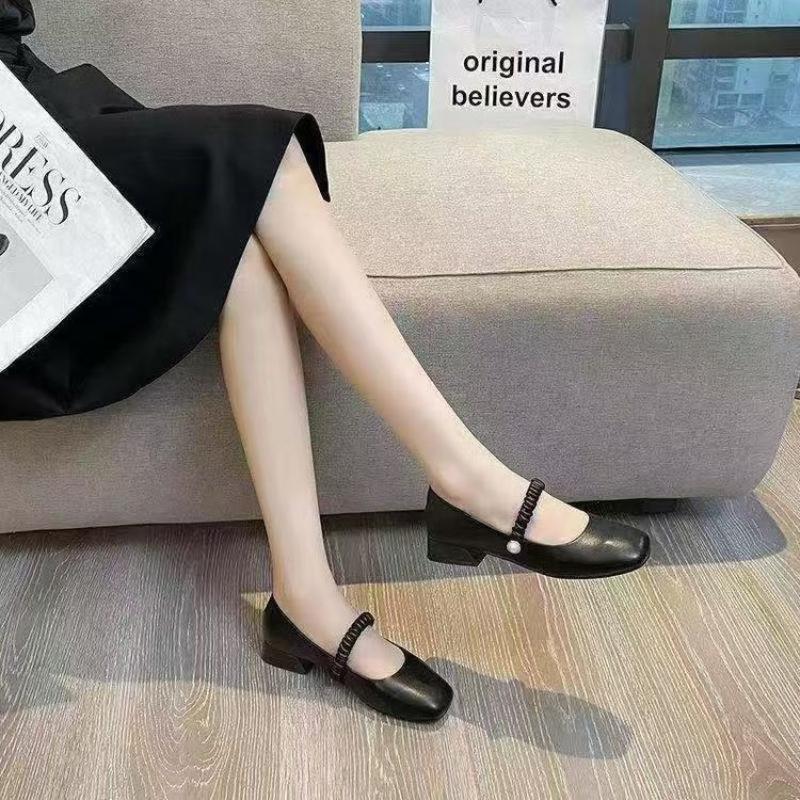 Mary Jane Women's Shoes Summer Medium and High Heel French Evening Style Small Leather Shoes Thin Single Shoes