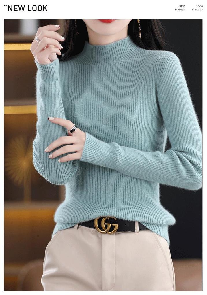Women's Slim Fit Short Wool Knit Sweater - Solid Color, Half-High Collar