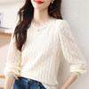 Stylish Lace Jacquard Weave Blouse Spring Autumn Casual Solid Color Women's Clothing Round Neck All-match Chic Beading Shirt New