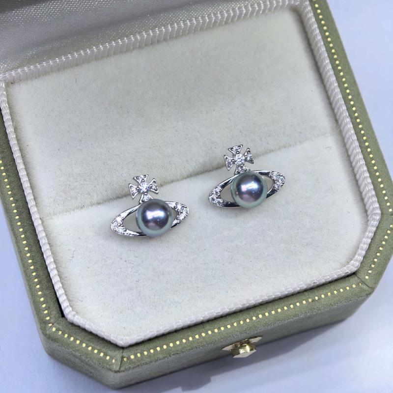 Akoya Saltwater Madama Pearl Stud Earrings, Saturn Empress Dowager Style, Silver Blue Undyed Pearl Jewelry
