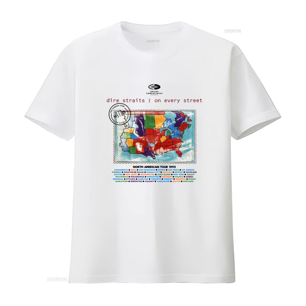 1992 Dire Straits on Every Street Tour North American Map Design T shirt vintage Washed Stretched Casual streetwear Stylish