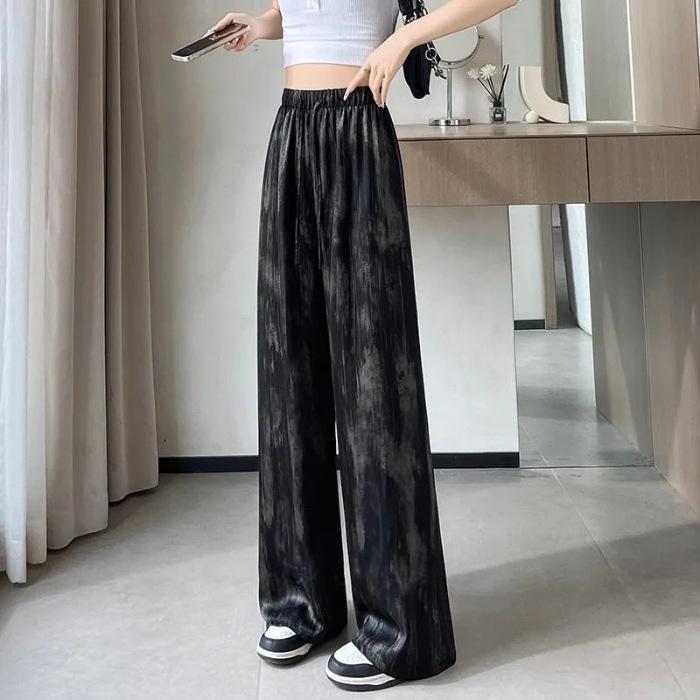 Women s Summer Ice Silk Tie-Dye Wide-Leg Pants - High-Waisted, Drapey, Cool and Casual M чёрный