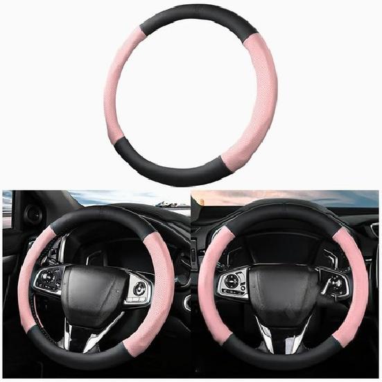 Steering Wheel Cover,14.5-15 Inch Breathable Leather Vehicle Steering Black/Pink