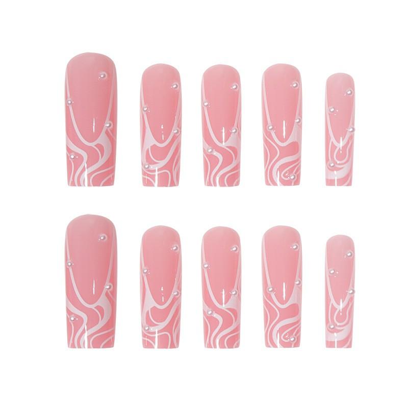 Long Wearable Press-On Nails With Pearl Line Design French Tip Acrylic Nail Tips Removable Gel Adhesive
