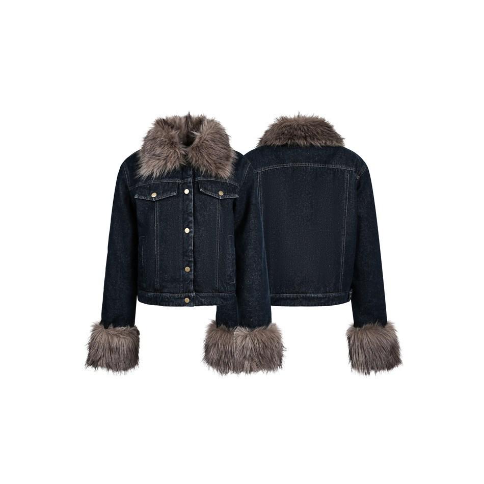 Американская ретро джинсовая куртка для похудения женская с меховым воротником S синий