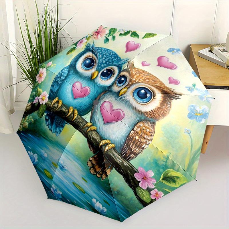 1pc Love Owls on Branch Automatic Folding Umbrella with Cute Owl & Heart Design, 8-Rib Compact Travel Umbrella, Portable Windp