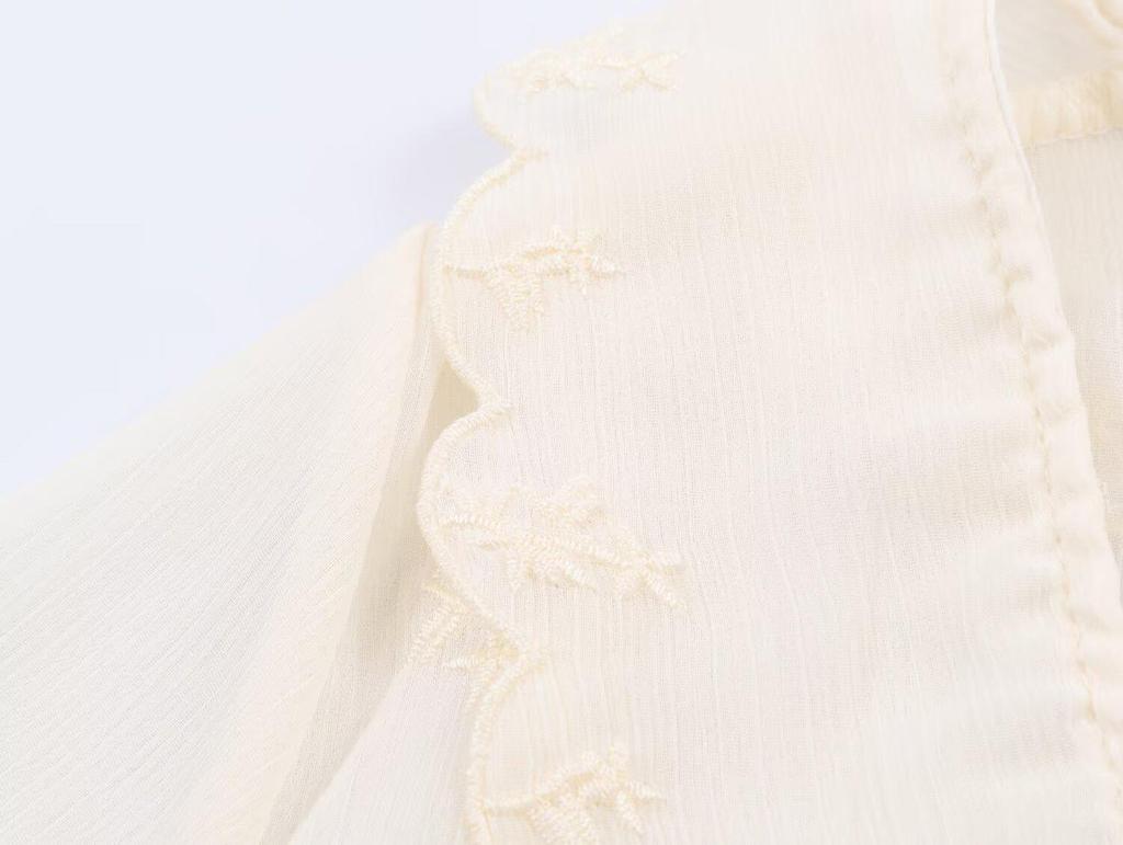 European & American Style Women's Chiffon Shirt with French Lace-up Waist, Embroidered Ruffles, and Long Sleeves