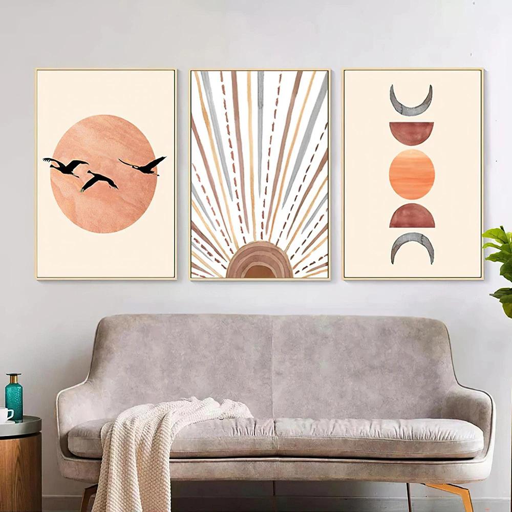 Boho Monstera Palmblatt Wandbilder Sonne Mond Wandposter Liniengeometrie Poster Dekoration Abstrakte Kunst Malerei Wanddeko