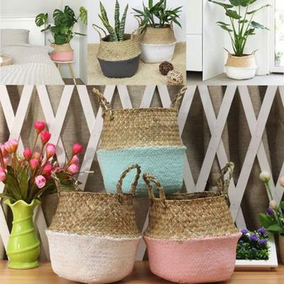 New Bamboo Storage Baskets Foldable Laundry Straw Patchwork Wicker Rattan Seagrass Belly Garden Flower Pot Planter Basket
