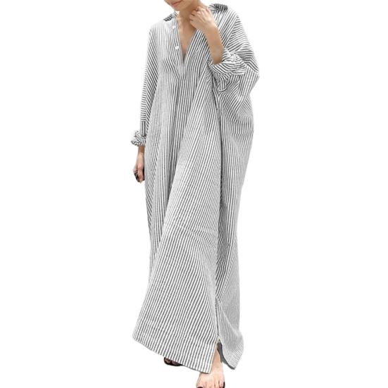 

Shirt Dress Striped Single Breasted Summer Loose-fitting Long Dress for Banquet S