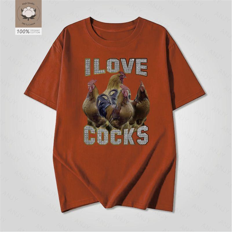 I Love Cocks Rooster Maglietta a Maniche Corte Stampata Retrò Modello Divertente Fattoria Americana Unisex e Unisex Top Girocollo Largo