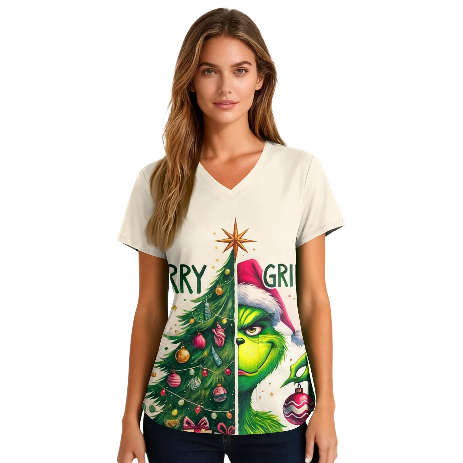 

Women s Cute Printed Work Clothes V-neck Double Layer Pockets Basic Short Sleeve Top Pullover Valentines XL