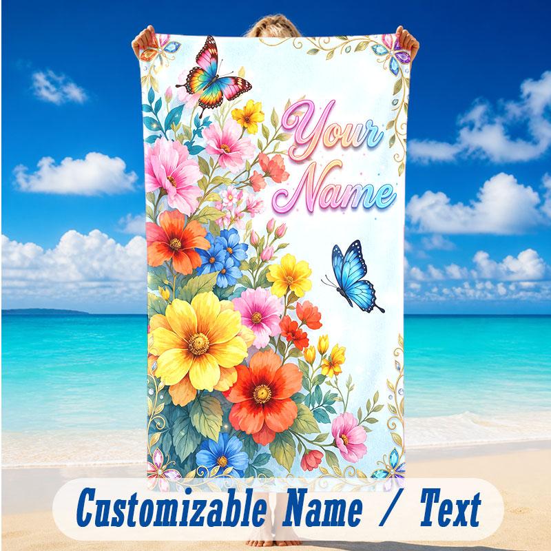 Butterfly Theme Beach Towel Personalized Custom Name & Text Soft Quick Dry Beach Towel for Swimming Travel