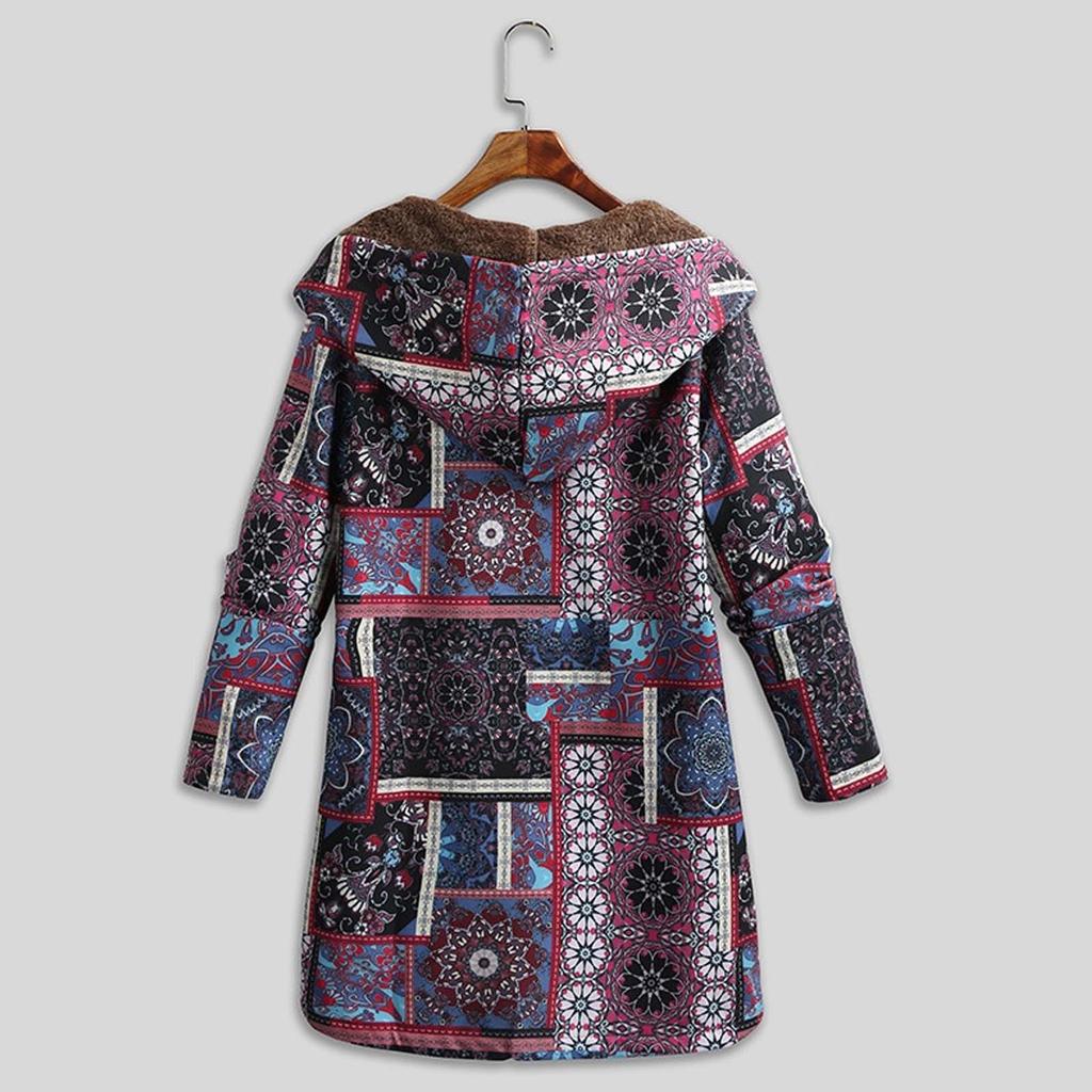 Womens Winter Warm Outwear Print Hooded Pockets Vintage Oversize Coats