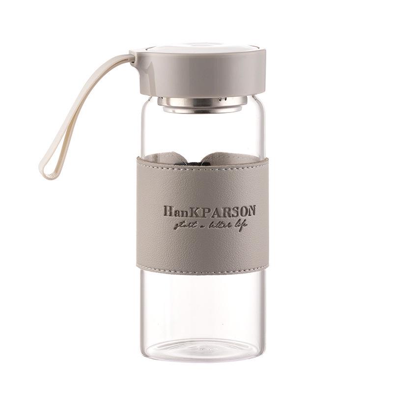 Fashionable Transparent Glass Water Cup with Leather Sleeve & Silicone Strap