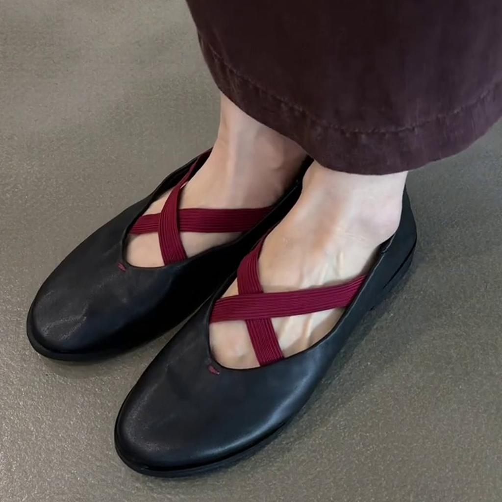 Sheepskin version~ Genuine leather niche cross-strap ballet shoes women's retro versatile flat-bottomed small leather shoes shallow mouth Mary Jane