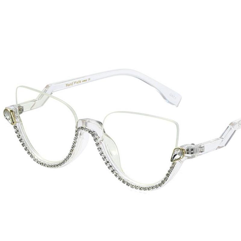 Transparent Diamond Cut Cat Eye Readers For Women Stylish Anti Blue Light Half Frame Rhinestone Glasses Premium Designer Style Eye Glasses