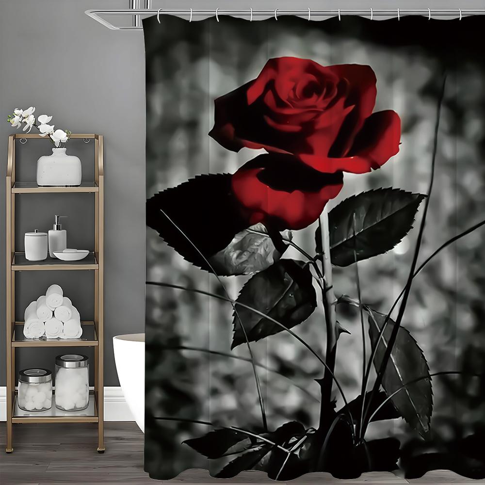 Red Rose Shower Curtain, Bathroom Decorative Shower Curtain, Waterproof Shower Curtain with Hooks