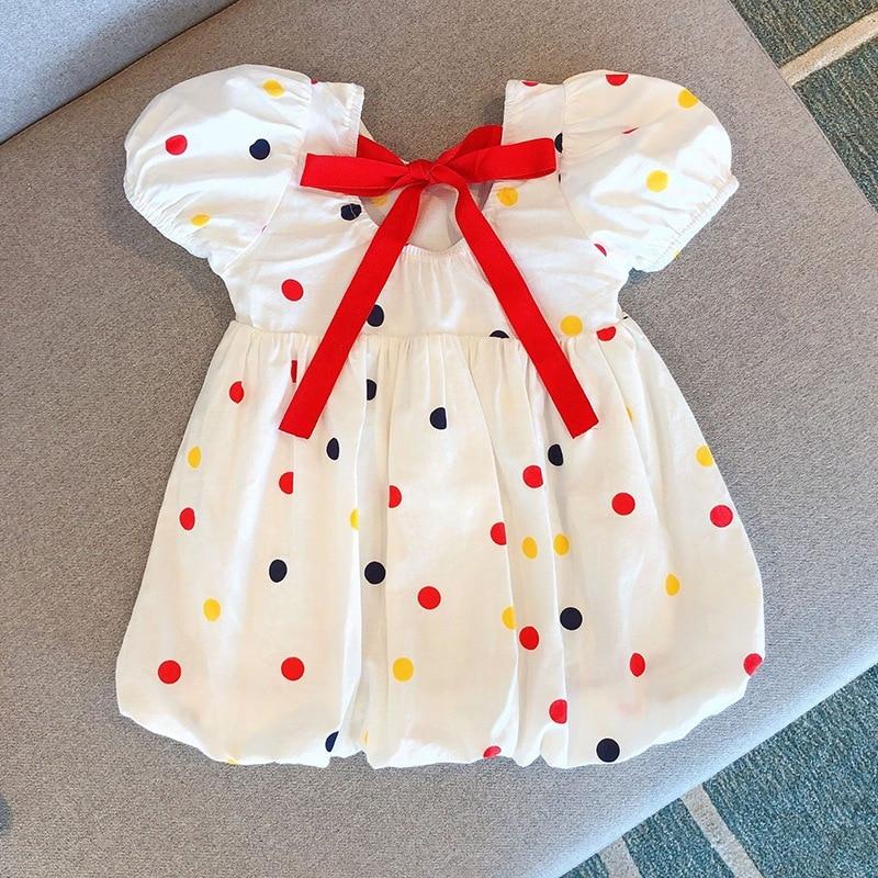 Summer Toddler Girls Polka Dots Dress Puff Short Sleeve Ruffle Ball Gown Dresses O-Neck Back Lace-up Pleated Dress Children Outfit 3-8T