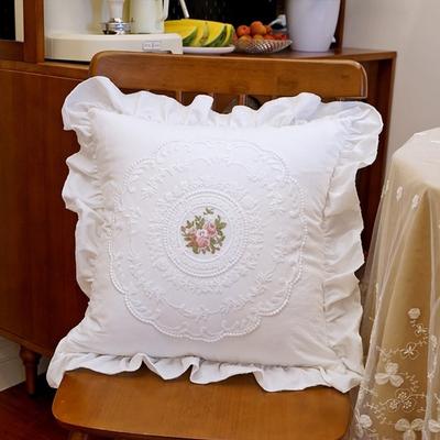 Rustic Embroidered Pillow Cover with Lotus Frill Washable Cushion Cover French Lace Comfortable Soft Pillowcase