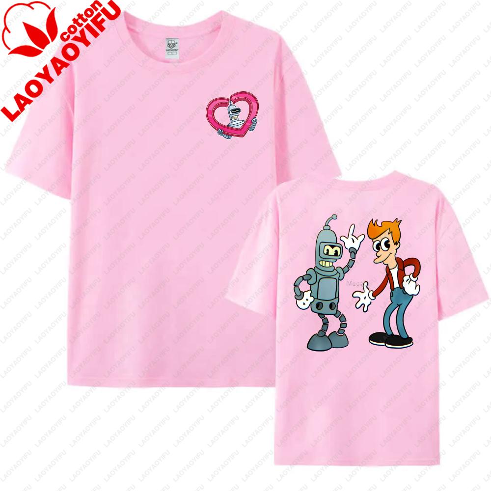 Funny Futurama Tees Robot and Boy Cartoon Design Unisex Cotton TShirt Casual Summer Wear Trendy Graphic Tee for Unisex Women