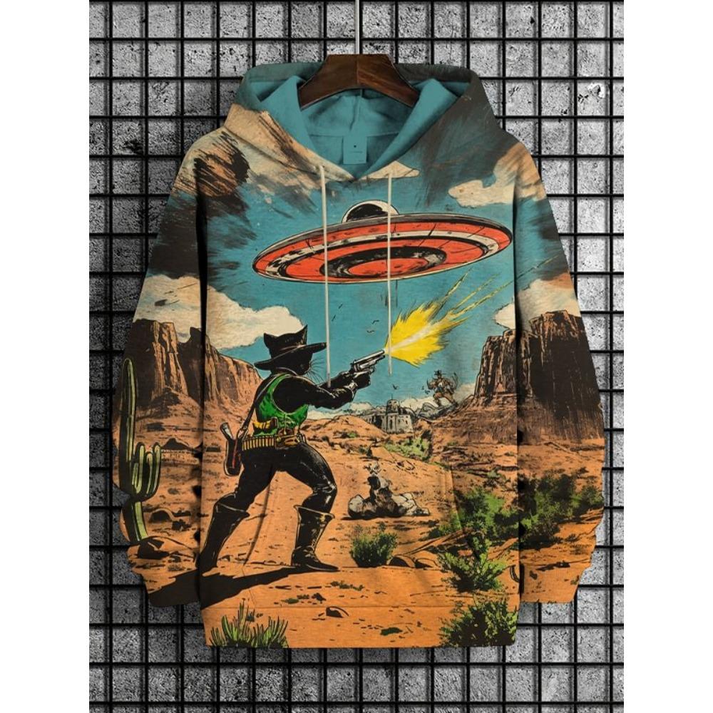 Cartoon Space Cat Pattern Hoodie Men's New Autumn/Winter Loose Pullover Sports Sweatshirt