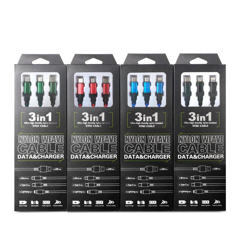 One-to-three Nylon Braided Charging Cable for Apple, Android, Huawei - Fast Charge 3-in-1 Gift