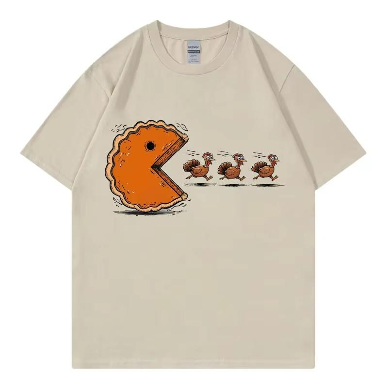 Funny Pumpkin Pie Chasing Turkey Print T Shirt Men Women High Quality Fashion Short Sleeve T-shirt Casual Cotton T-shirts