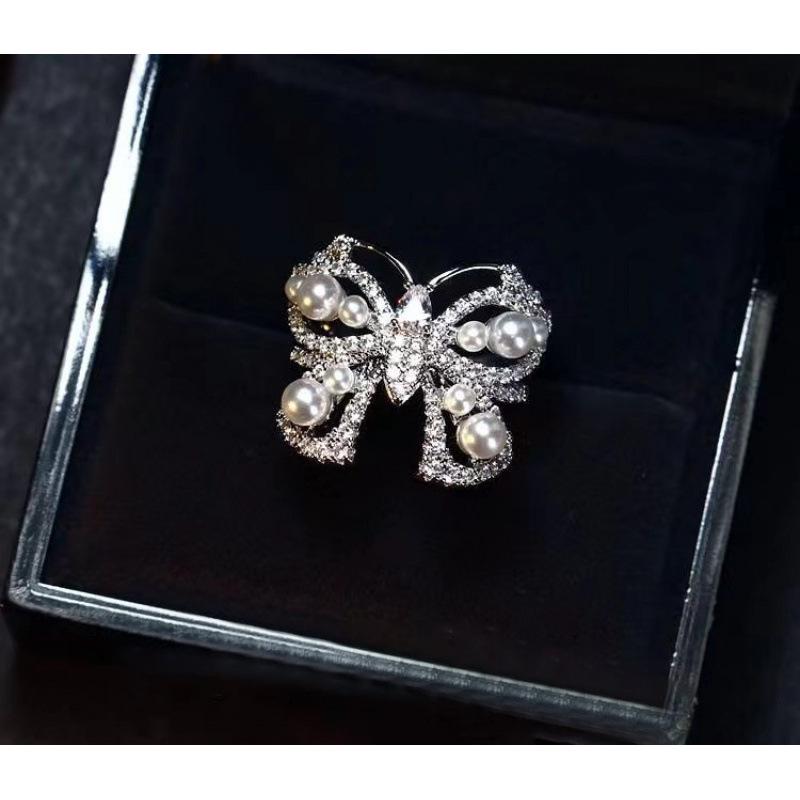 Elegant Retro Pearl Butterfly Adjustable Zirconia Ring Open Adjustable