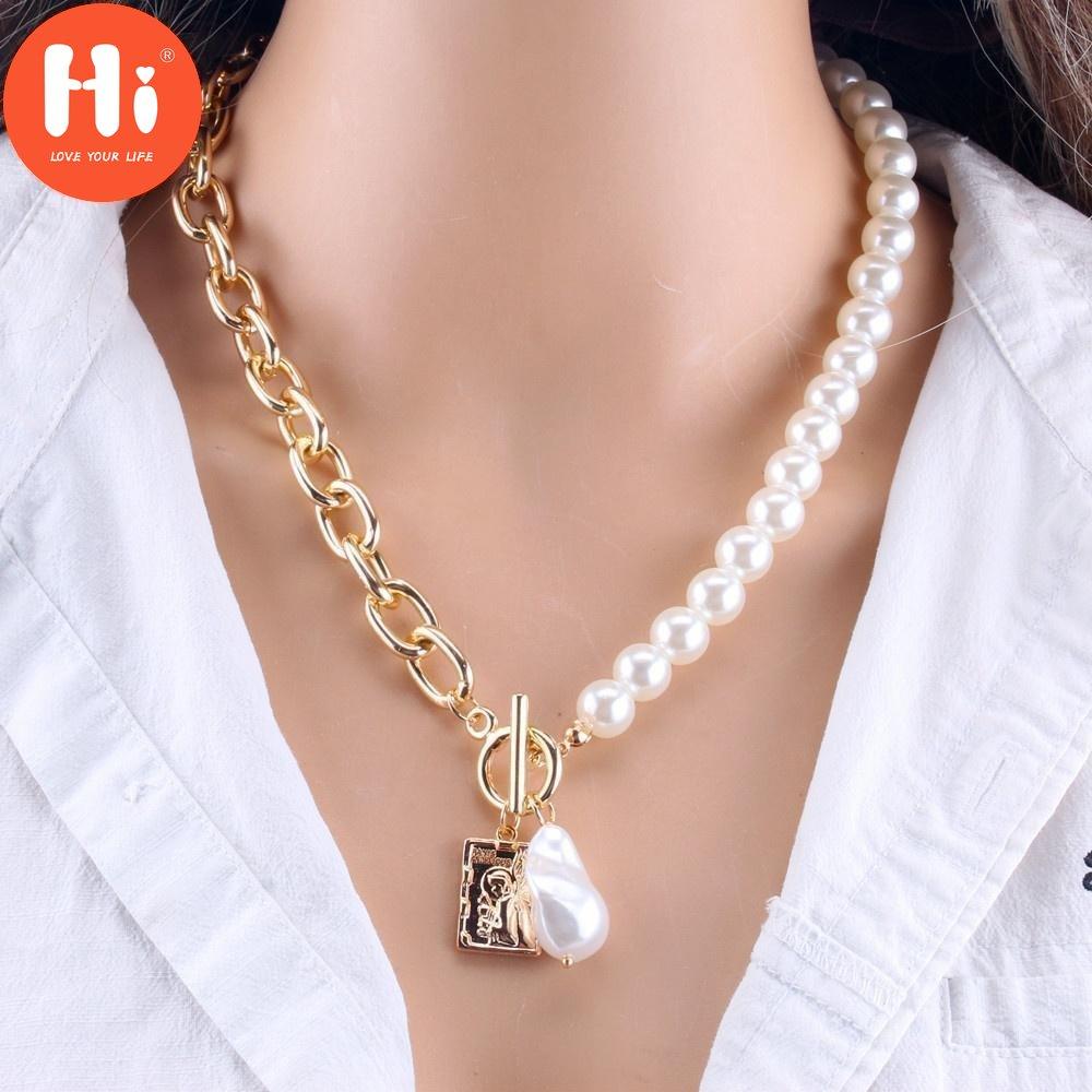 Hi Women Fashion 2 Layers Pearls Pendants Necklaces Metal Snake Chain Necklace New Design Jewelry Gift