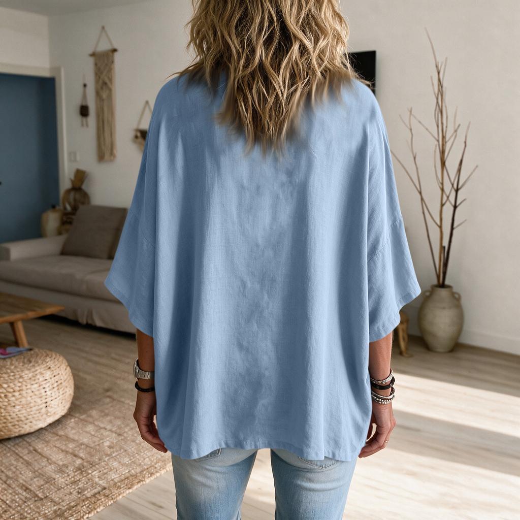 Women's Color Ruffle V-Neck Casual Three-Quarter Sleeve Blouse