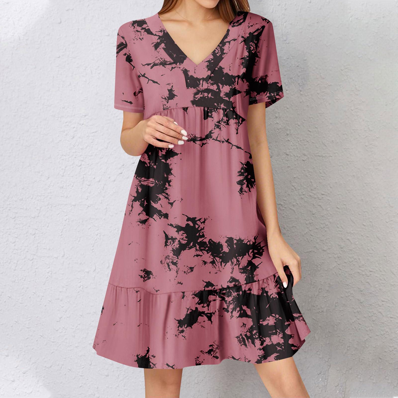 

Женское летнее платье с коротким рукавом и V-образным вырезом, короткие платья, модное повседневное струящееся бохо-платье с оборками, А-силуэт, свободное платье-халат M