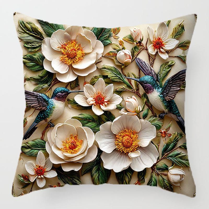 3D Floral Embroidery Throw Pillow Cover - Sofa Cushion, Digital Print Pillowcase
