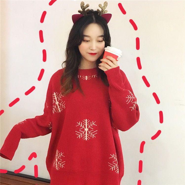 Women's Red Jacquard Christmas Sweater: Autumn Style, Round Neck, Long Sleeve Knit Pullover