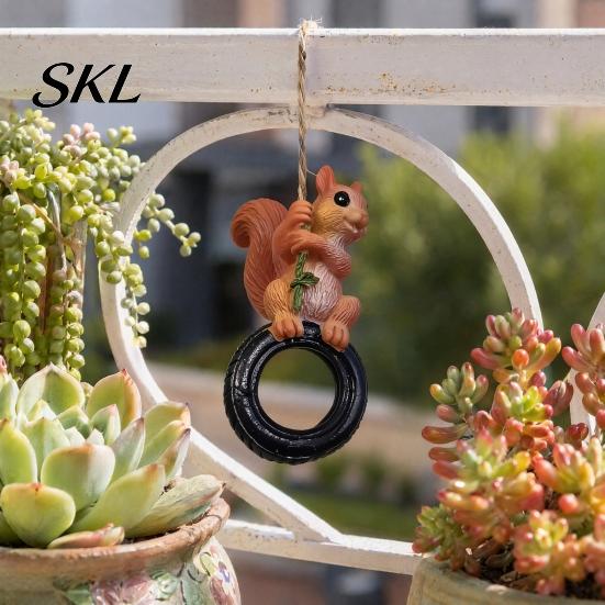 Durable Resin Patio Ornament Squirrel On Tire Outdoor Hanging Ornament, Realistic Figurine for Weather Resistant Statue Garden Tree Decoration,