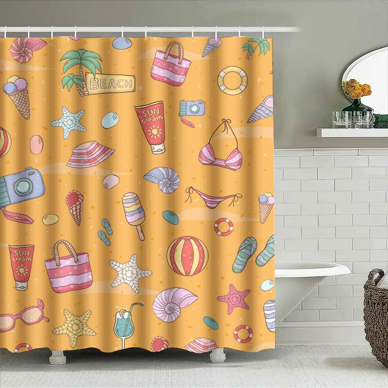 Summer Beach Shower Curtain with Colorful Accessories for Bathroom Decor Sunny Orange Print