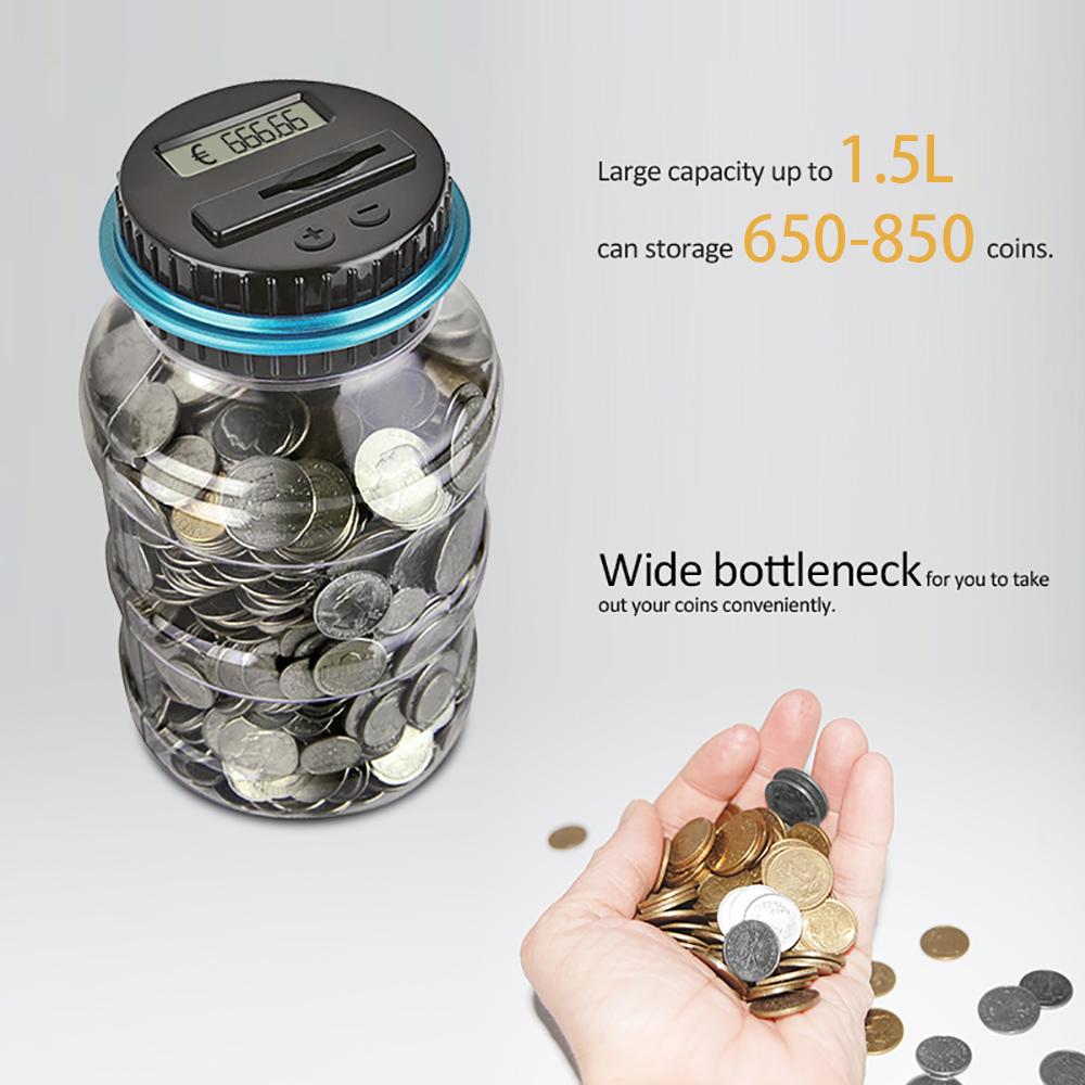 Money Saving Box Jar Bank with LCD Battery Coin Counter for Kid Adult Boy Girl As Unique Gift 1.5L Coin Piggy Saving Bank Digital Coin Bank Jar Coin Counter Storage