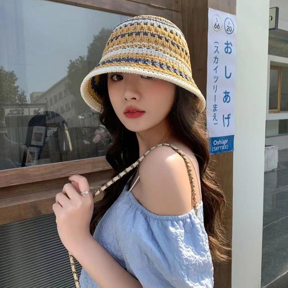 Striped Knitted Hollow Fisherman Hat Big Eaves Uv Protection Crochet Bucket Hat Breathable Multicolor Bucket Sun Hat Travel