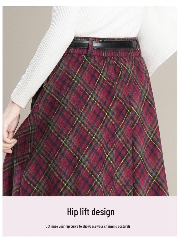 Woolen Plaid Pleated A-line Skirt - 2025 Winter Korean Style