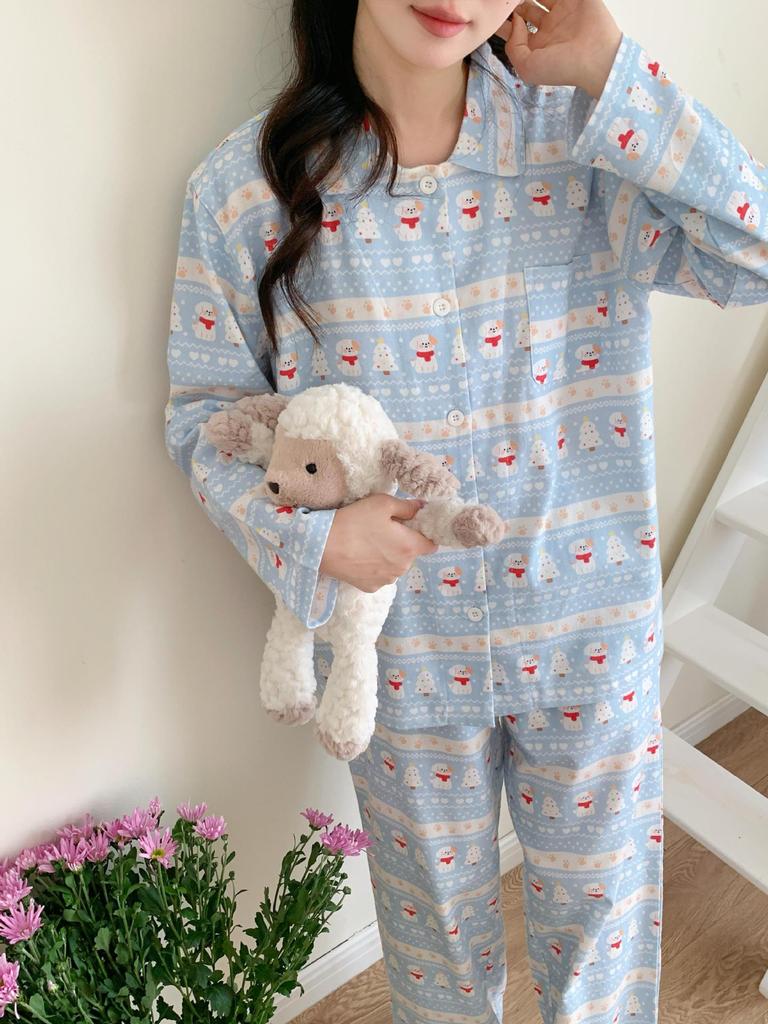 New pajamas women's pure cotton polished Internet celebrity coconut loungewear simple and cute lapel long-sleeved trousers set