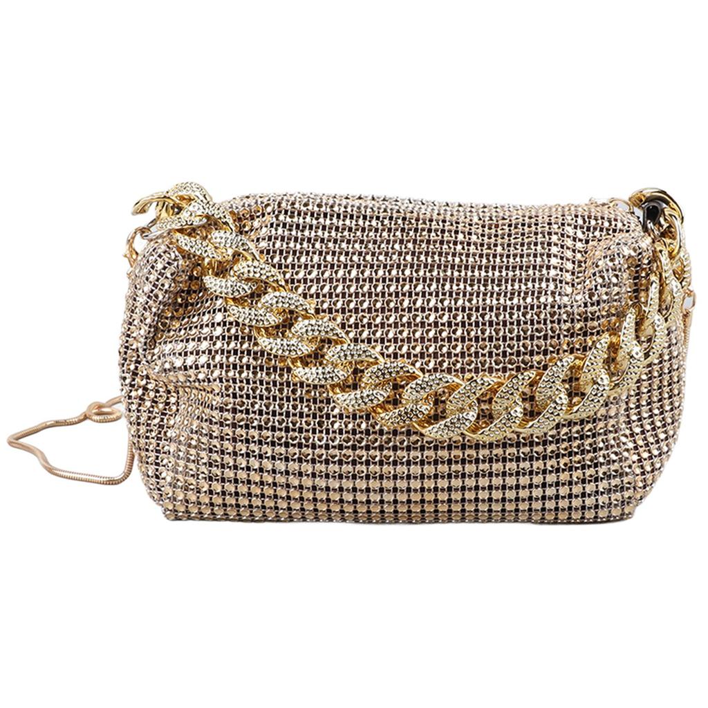Chain Bling Shoulder Bag PU Leather Fashionable Handbag All Match Waterproof Shoulder Bag with Adjustable Strap Gold S