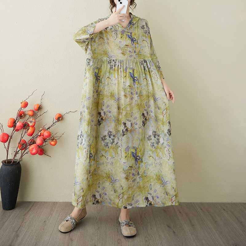 Retro Niche Gentle Wind Yarn Cotton Linen Printed Dress