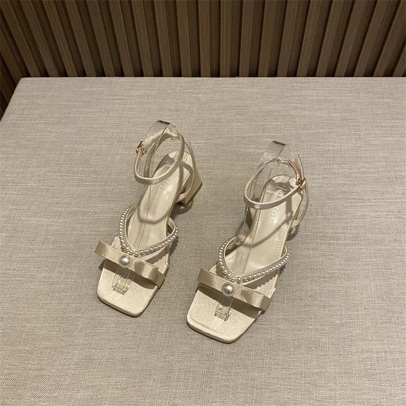 Thick Heel Elegant Satin Pearl One-word Sandals Summer 2025 Versatile Fashion French Fairy Sandals