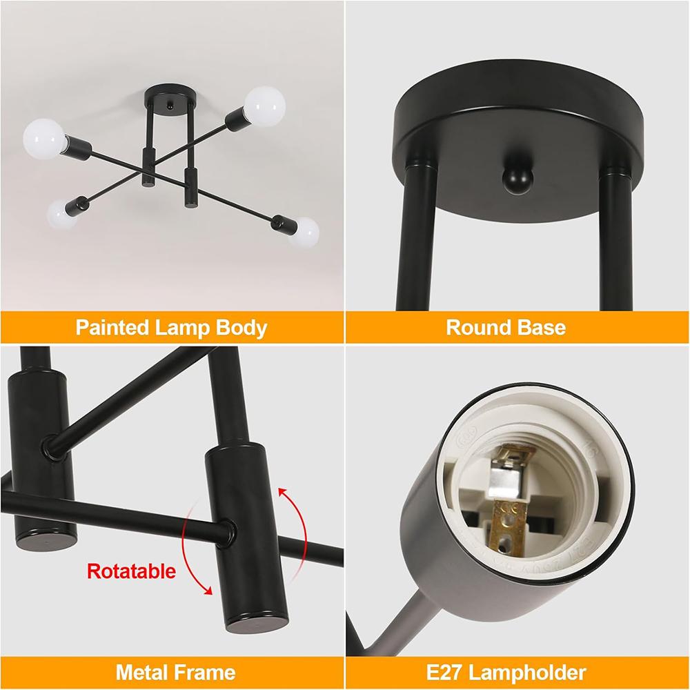 Vintage Industrial Chandelier, 4-Bulb E27 Socket Ceiling Light, Black Retro Ceiling Light for Bedroom, Living Room, Dining Room(Without Bulbs)
