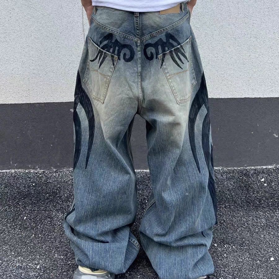 DRIPX Y2K Americani Nuovi Grigio Stampa Jeans Larghi Uomo Donna High Street Vintage Hip Hop Harajuku Casual Joker Coppia Pantaloni a Gamba Larga