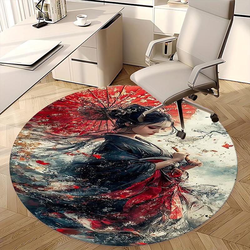 Traditional Japanese Kimono Chair mat Round Rug-Office carpet, Machine Washable, Non-slip, Suitable for Living Rooms, Bedrooms, Entryways, a