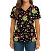 Women's Christmas Print V-Neck Double Pocket Short Sleeve  Uniform Top With Slit Hem